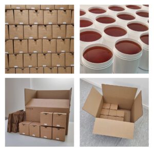 Kartons und Dosen für unsere Sugaringpasten, fertig zum Versand.